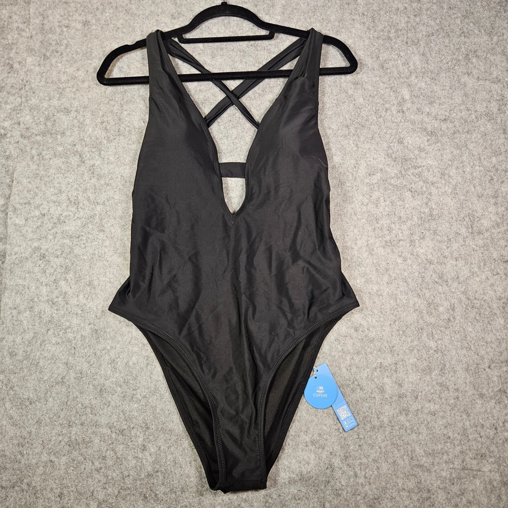 NWT Cupshe Womens Black One Piece Swimsuit Strappy Beach Vacation Cruise Size L